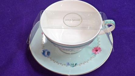 GRACE TEAWARE Fine Porcelain Teacup and Saucer Set Aqua Floral Garden A93Z357