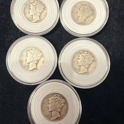 Lot of 5 coins mercury Dimes 90%silver