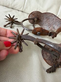 Antique 19thC Hand-Forged Western Cowboy Spurs with Jingle Bobs & Tooled Leather