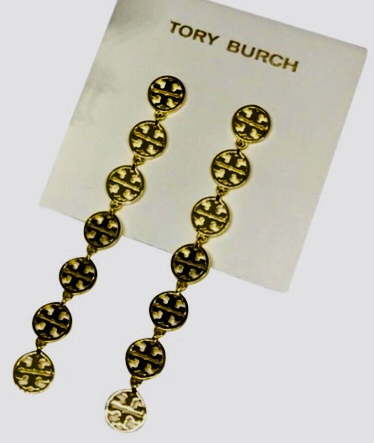 Tory Burch gold LOGO round double T LOGO disc long dangle earrings