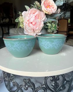 Vintage Val do Sol Portugal Ceramic Bowls Set of 2, Embossed Blue Stoneware Bowl