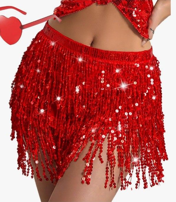 Red Women's Sequin Fringe Skirt Sparkle Tassel Skirts Belly Dance Hip Scarf for Women and Girls Festival Party Rave Costume