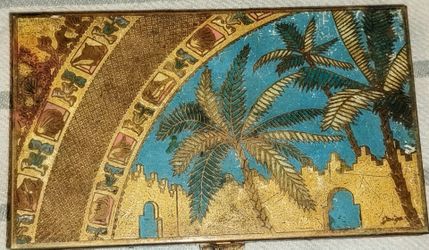 Vintage Volupte USA Cigarette Case Egyptian Revival Palm Trees Enamel by Robert T. Gaige