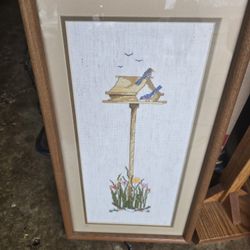 NEEDLEPOINT BIRDHOUSE & BLUEBIRDS 18×10