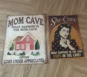 Set of Two Vibrant Metal Mom Cave and She-Cave Signs