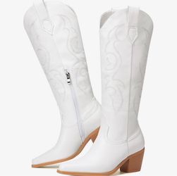 Size 6: White Cowboy Boots for Women - Wide Calf Rhinestone Cowgirl Boots, Women Knee High Western Boots, Glitter Sparkly Ladies Tall Boots with Class