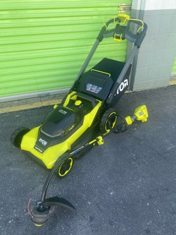 Ryobi 21inch dual blade crosscut 21inch self propelled mower bundle w free Weedeater