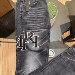 Amiri Embroidered Staggered Logo Jeans Storm Grey Black White