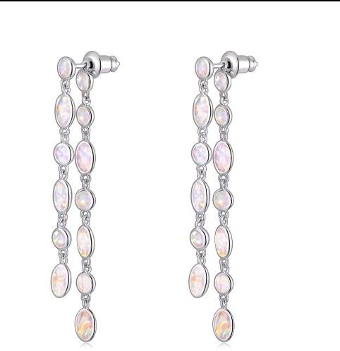 White Fire Opal Teardrop Long Dangle Drop Earrings 