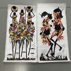 Pair of Signed Ben WaraWara African Canvas Paintings - 45”x23”