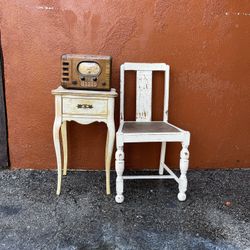 Vintage wood furniture, pedestal, and table