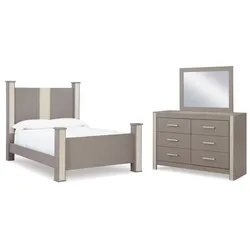 Surancha Queen Poster Bed with Mirrored Dresser Immense Liquidation