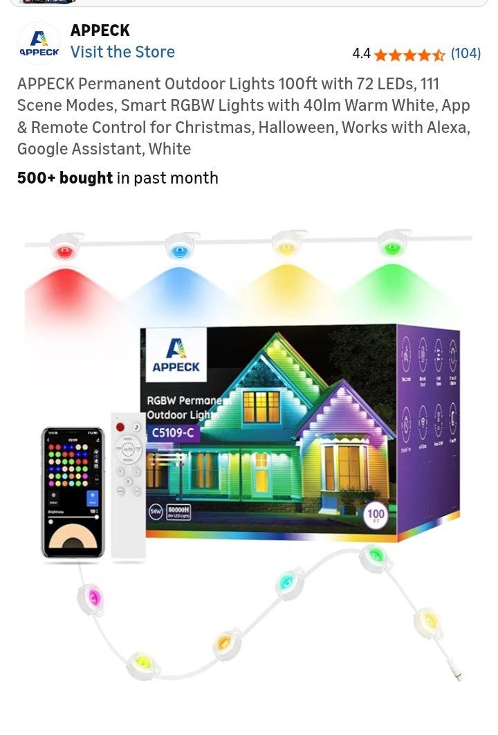 APPECK Permanent Outdoor Lights 100ft with 72 LEDs, 111 Scene Modes, Smart RGBW Lights with 40lm Warm White, App & Remote Control for Christmas, Hallo