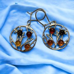 Sterling Silver 925 Multi-Color Amber Earrings With Branch Pattern