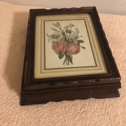 Vintage Wood Divided Jewelry Trinket Box Mirrored Lid 11 1/2”x9 1/2”x3”