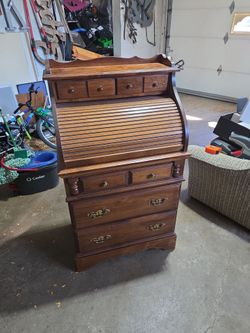 Vintage Compact Roll-Top Secretary Desk – Solid Wood – 47" x 25" x 16"