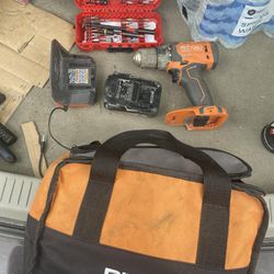 Ridgid 18v Drill Set ,bag , Battery, Charger, And Milwaukee Drill Bit Set Included. 