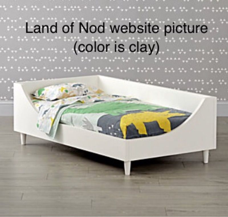 Land of Nod Toddler Bed with mattress and bedding