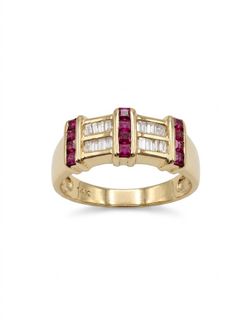 14K Gold Ruby and Diamond Baguette Band Ring