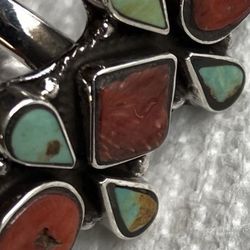Sterling Silver Ajustable Turquoise And Coral Ring