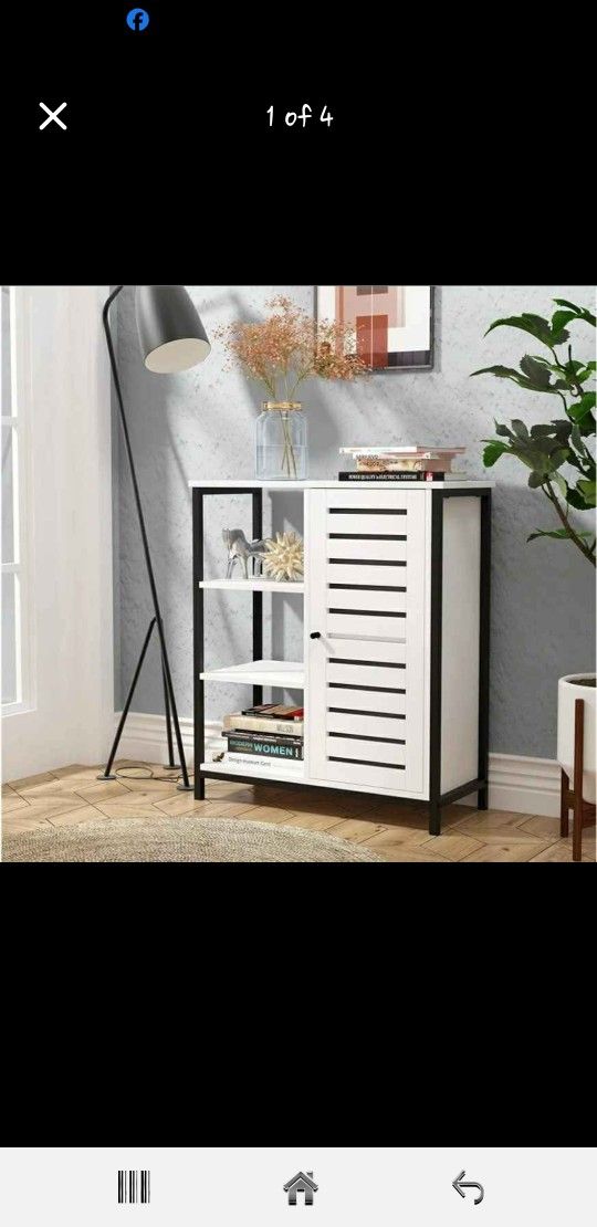 White And Black Storage Cabinet Multi-purpose Three Open Shelves With Shutter Door New