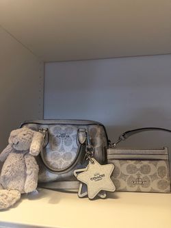 Coach mini silver cross body with jelly cat bunny grey keychain
