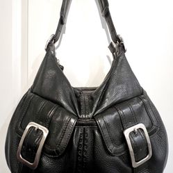 🌸COLE HAAN Y2K Large Black Leather Hobo Shoulder Bag Silver Buckle Pockets Zip