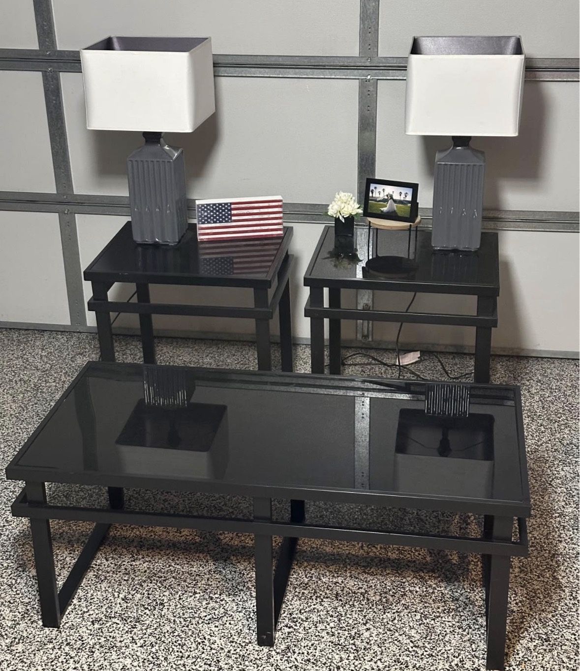 Black Metal Glass Coffee Table With End Tables And Lamps