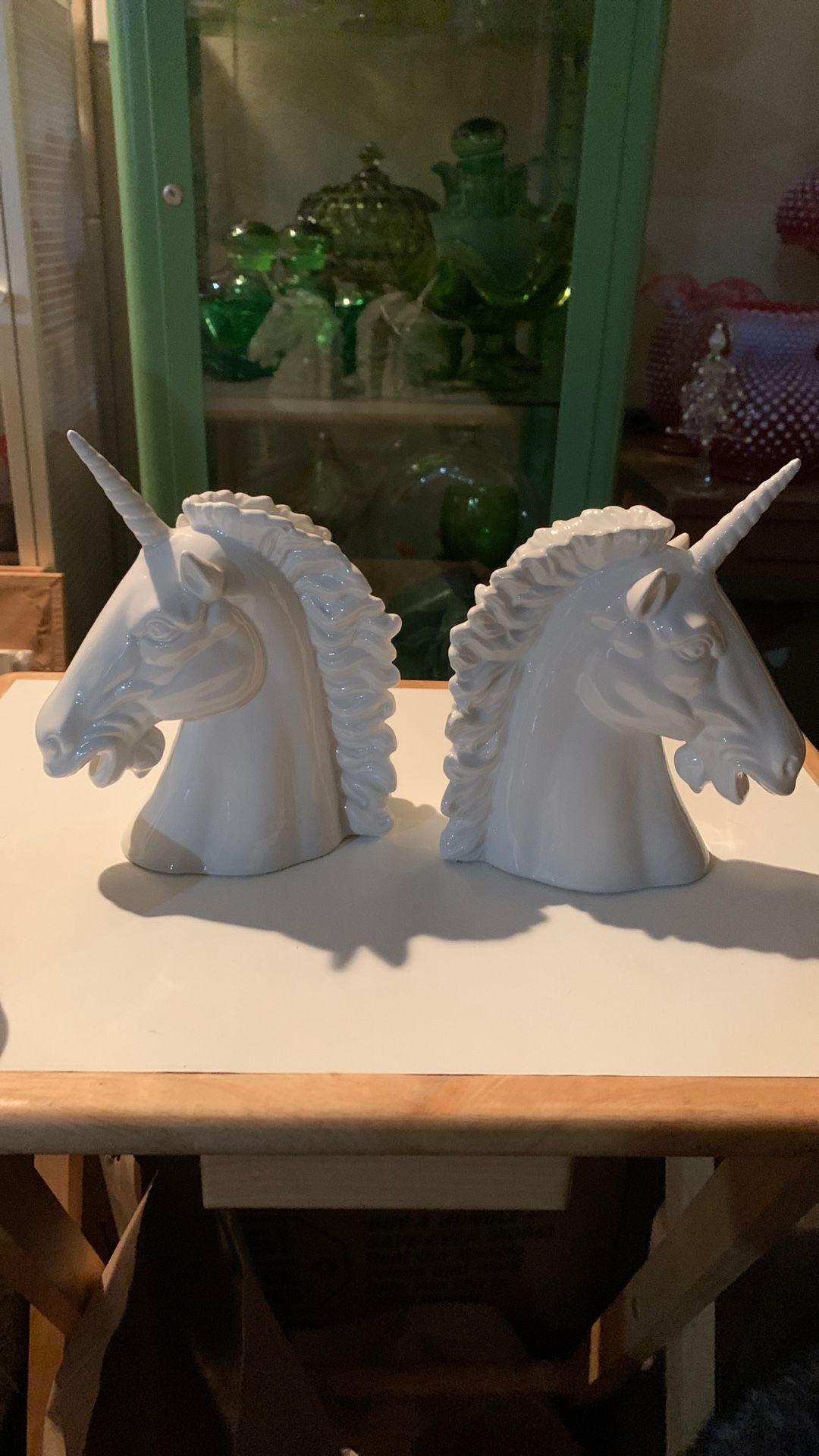 Vintage Unicorn Bust Porcelain Head Figure Bookends- Japan Quon Quon 7.5”