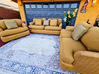 ✨ Golden Yellow Sofa Set – 3 Matching Sofas + Accent Pillows + Storage Ottoman ✨