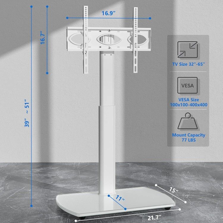 TV Floor Stand with Swivel Mount, Universal for 32-65 Inch LCD LED Flat Screens, White Height Adjustable Space Saving Corner TV Stand