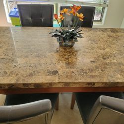 Marble Look Dining Table With 6 Black Chairs