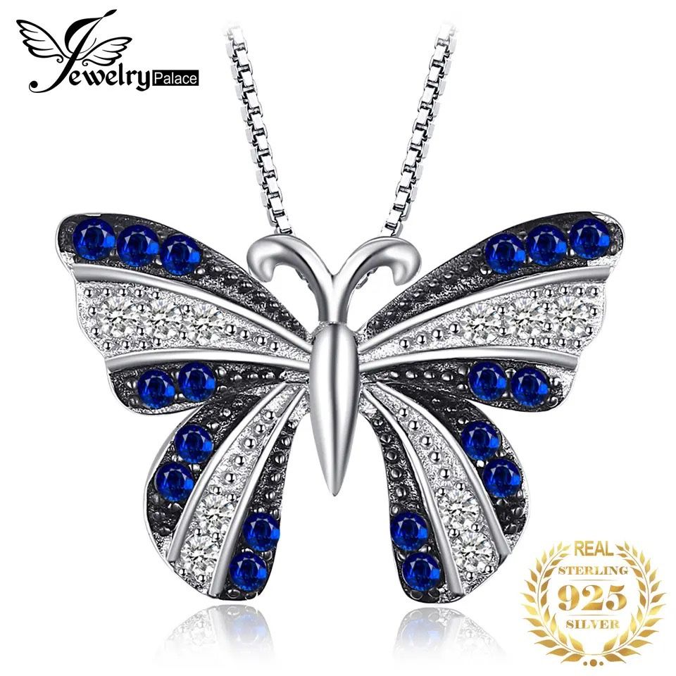 JewelryPalace Butterfly Created Blue Spinel 925 Sterling Silver Pendant Necklace