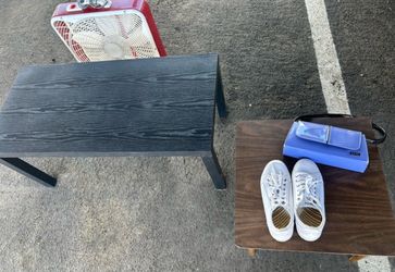 Box fan, tables, shoes, purse