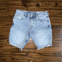 Allsaints London Switch Light indigo Denim Shorts Frayed Hem Size 32