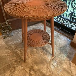 Antique Wicker Table With Lower Shelf 