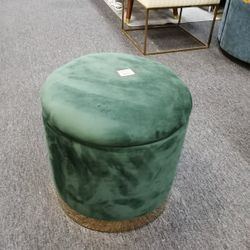 Green Velvet Round Storage Ottoman - Gold Base