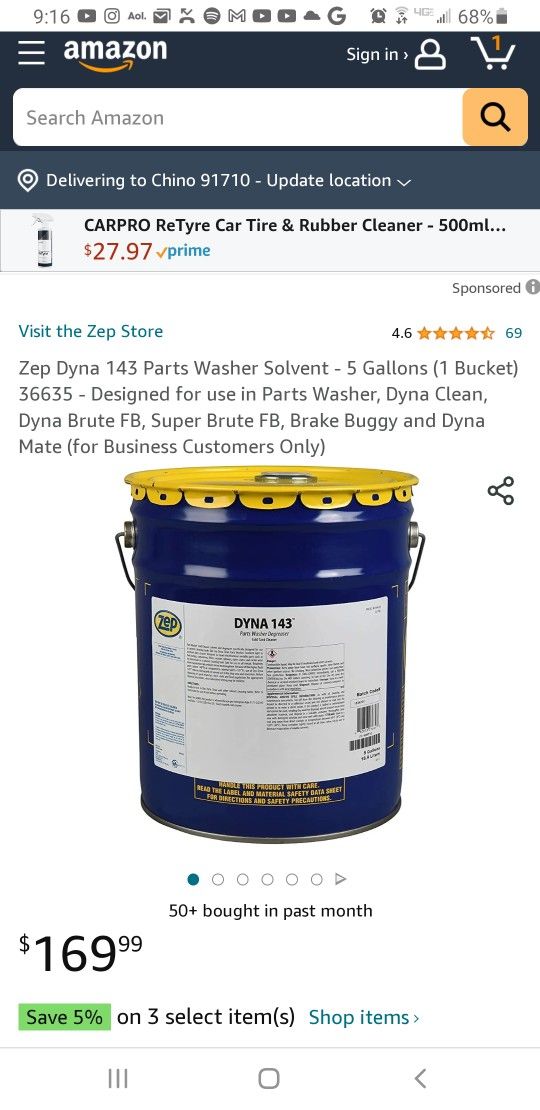 Zep Dyna 143 Parts Washer Solvent 5 Gallon Pail for Sale in El Cajon
