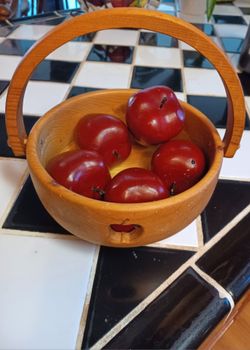 Vintage turned wood bowl/apples.