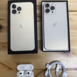 Like New in Box Unlocked iPhone 13 Pro Max 128GB Gold with AirPods bundle. 