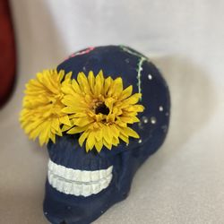 Handpainted Ceramic Skull with Sunflower Eyes