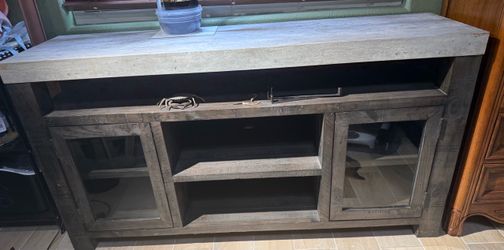 Rustic Gray Wood TV Stand with Glass Doors