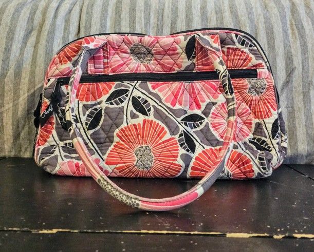 Vera Bradley Cherry Blossom Floral Bowler/Lunch Bag Purse Red Black Pink