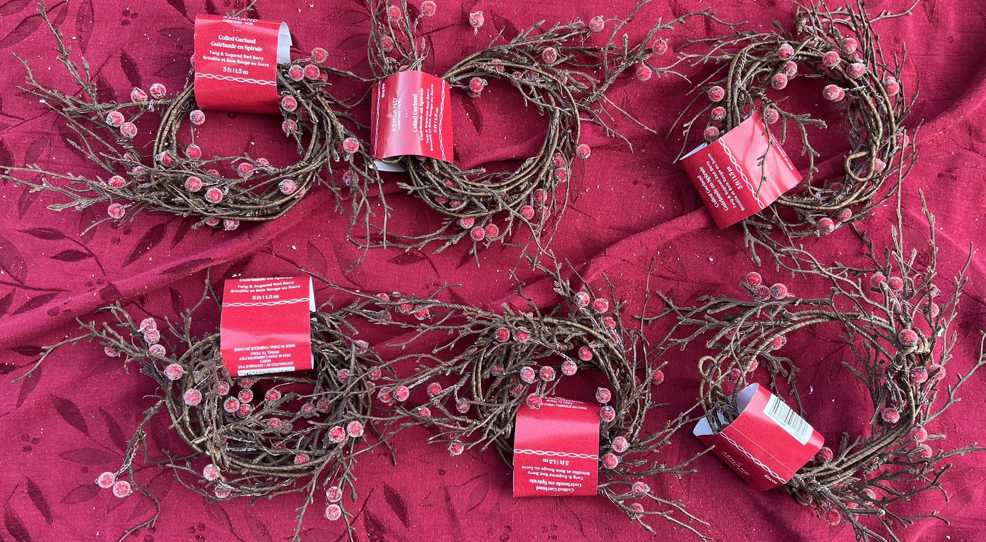 NWT 6 sets coiled Garland 5 feet each faux twig & sugared red berries 