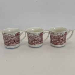 Set Of 3 Vintage J&G Meakin England Ironstone Tea Cup Horse Carriage Red