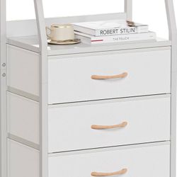 Furnulem White Nightstand with 3 Drawers and 2-Tier Shelf, Small Night Stand End Table Side Furniture, Fabric Storage Organizer for Bedroom, Closet, H