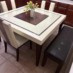 Dining Table with 3 chairs and Bench | accented chairs| glass square table