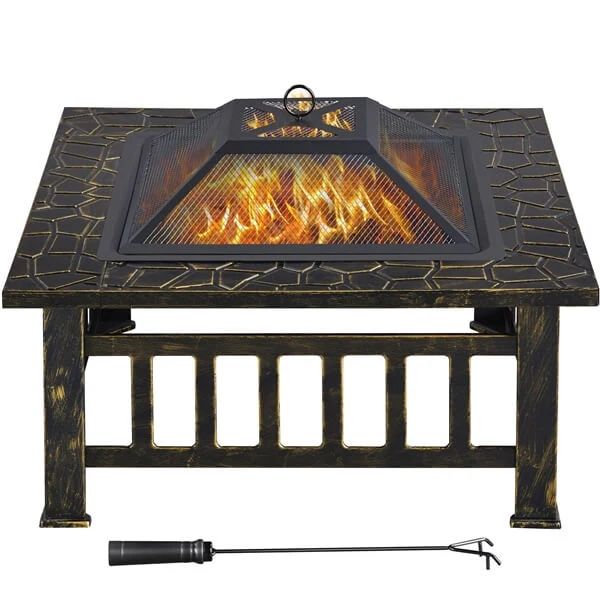 32'' Outdoor Square Fire Pit Metal Garden Stove Brazier for Barbecue, Heating, Cooling Drinks w/Cover & Poker Bronze/ Copper