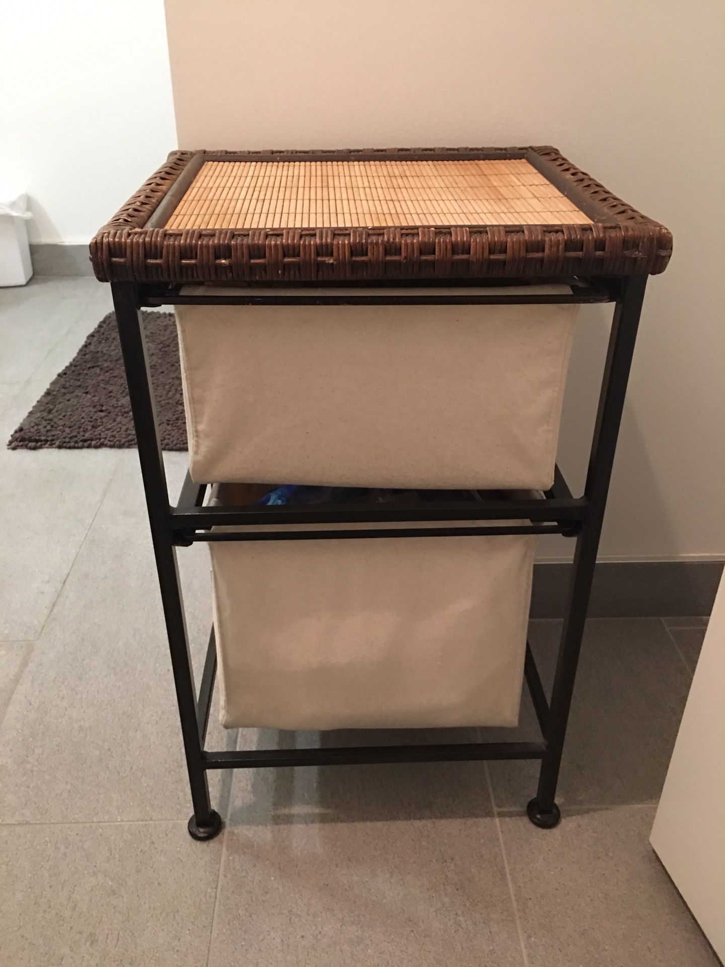 Wrought Iron, Linen and Wicker storage unit and end table. Super convenient and stylish. 16x16x26” Cash or Venmo only. Must be willing to pick up fro