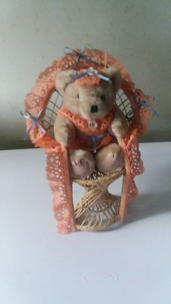 VINTAGE - RARE - HTF VICTORIAN STYLE PLUSH TEDDY BEAR IN WICKER CHAIR. ASKING $20